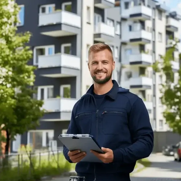 En anställd på Valf&Ops som jobbar med spolning håller i ett clipboard framför en bostadsrättsförening i Helsingborg.