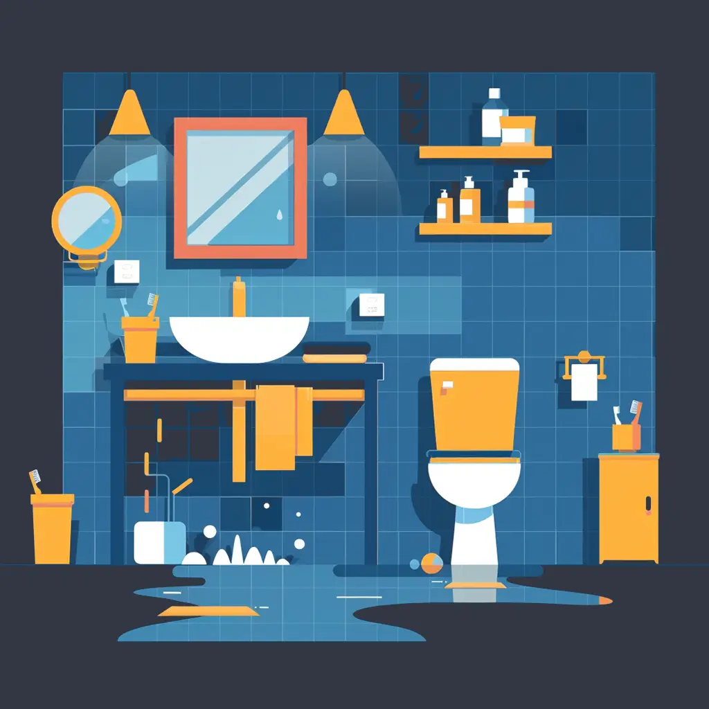 En illustration av ett vattenskadat badrum som kanske kan repareras och dellagas. Det rinner vatten från toalett och handfat ut på golvet.
